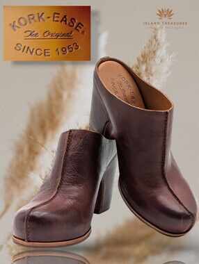 Kork-Ease Sagano Sz 8 Rich Brown Leather Clog Mules Block Heel Cushioned Footbed